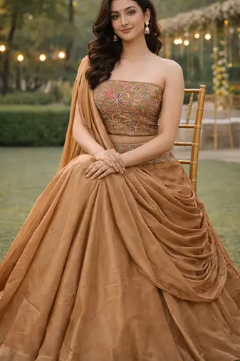 Embroidered Sequinned Ready To Wear Lehenga & Unstitched Blouse With Dupatta Free Size Upto 42