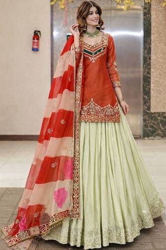 Embroidered Thread Work Ready To Wear Lehenga & Blouse With Dupatta Free Size Upto 42