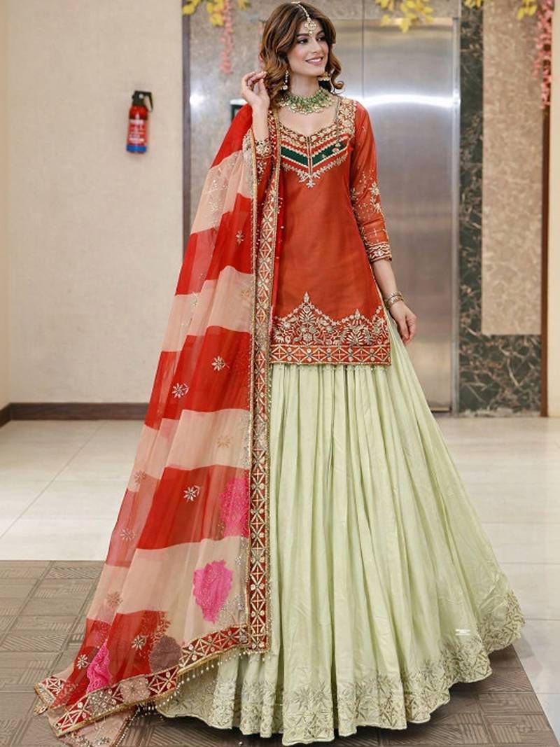 Embroidered Thread Work Ready To Wear Lehenga & Blouse With Dupatta Free Size Upto 42