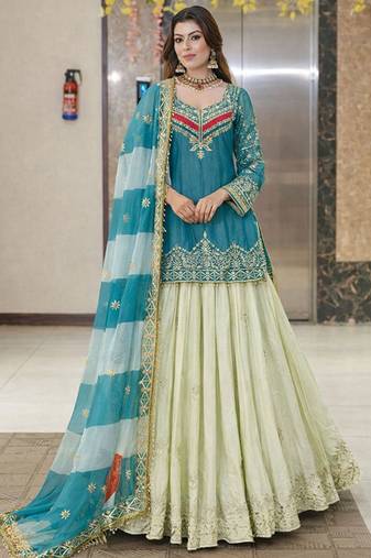 Embroidered Thread Work Semi-Stitched Lehenga & Blouse With Dupatta Free Size Upto 42