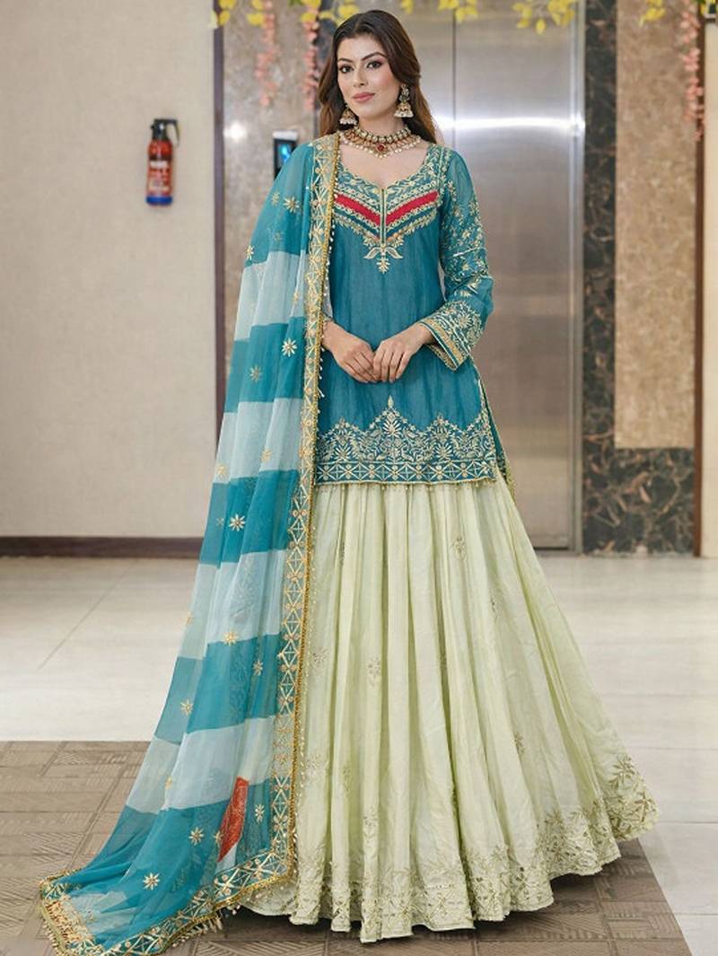 Embroidered Thread Work Semi-Stitched Lehenga & Blouse With Dupatta Free Size Upto 42