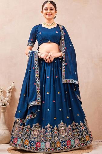 Embroidered Thread Work Semi-Stitched Lehenga & Blouse With Dupatta Free Size Upto 42