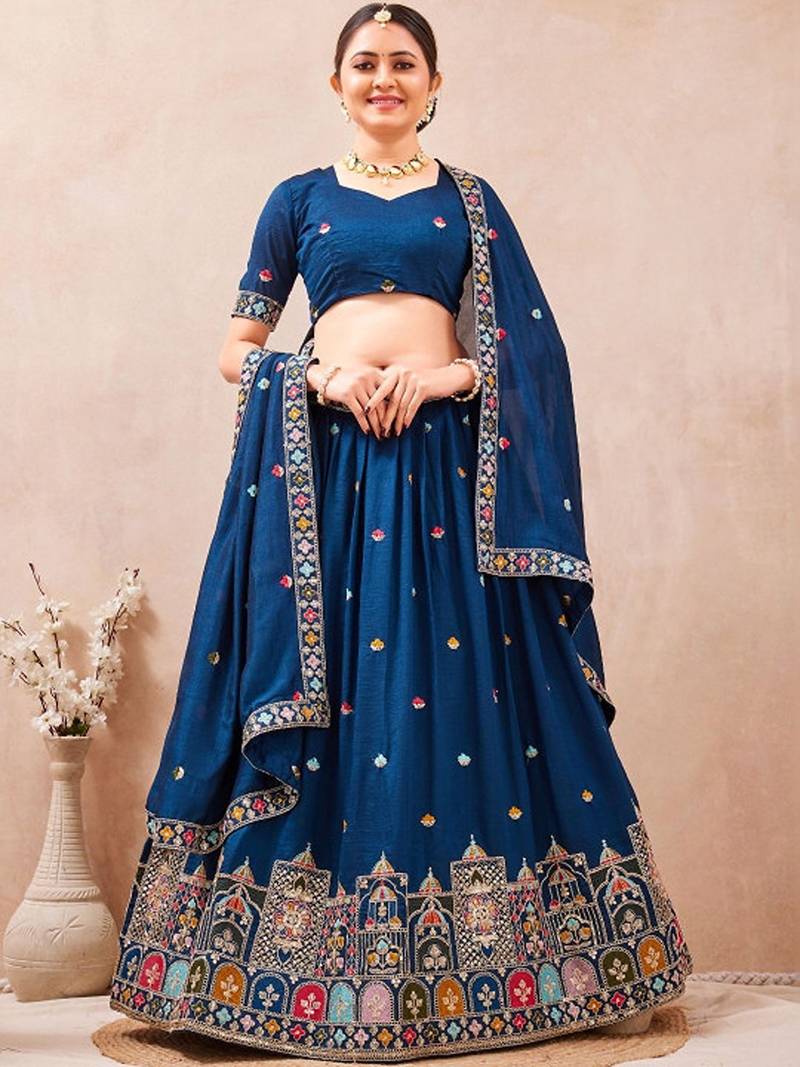 Embroidered Thread Work Semi-Stitched Lehenga & Blouse With Dupatta Free Size Upto 42
