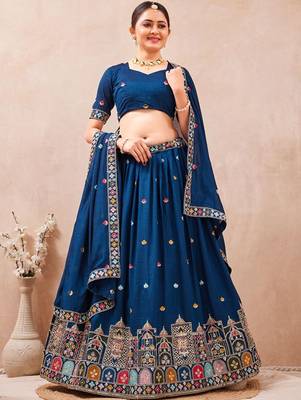 Embroidered Thread Work Semi-Stitched Lehenga & Blouse With Dupatta Free Size Upto 42 2