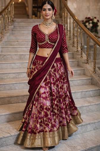 Embellished Shibori Ready To Wear Lehenga & Blouse With Dupatta Free Size Upto 42