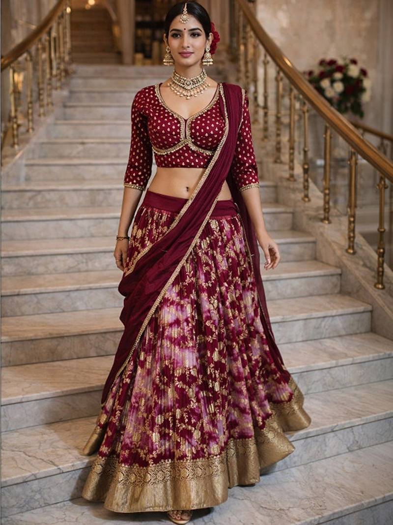 Embellished Shibori Ready To Wear Lehenga & Blouse With Dupatta Free Size Upto 42