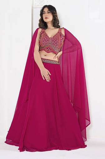 Embroidered V-Neck Semi Stitched Lehenga & Ready To Wear Blouse With Dupatta Free Size Upto 42