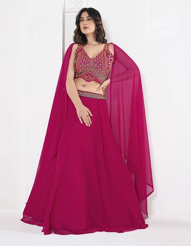 Embroidered V-Neck Semi Stitched Lehenga & Ready To Wear Blouse With Dupatta Free Size Upto 42