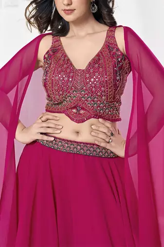 Embroidered V-Neck Semi Stitched Lehenga & Ready To Wear Blouse With Dupatta Free Size Upto 42