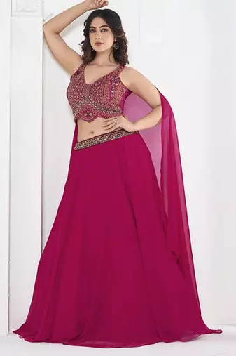 Embroidered V-Neck Semi Stitched Lehenga & Ready To Wear Blouse With Dupatta Free Size Upto 42