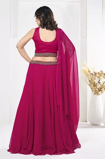 Embroidered V-Neck Semi Stitched Lehenga & Ready To Wear Blouse With Dupatta Free Size Upto 42