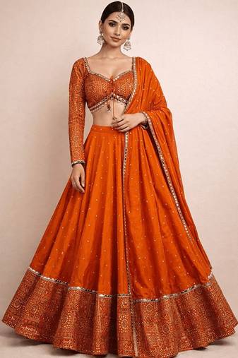 Embroidered Semi-Stitched Lehenga & Unstitched Blouse With Dupatta Free Size Upto 42