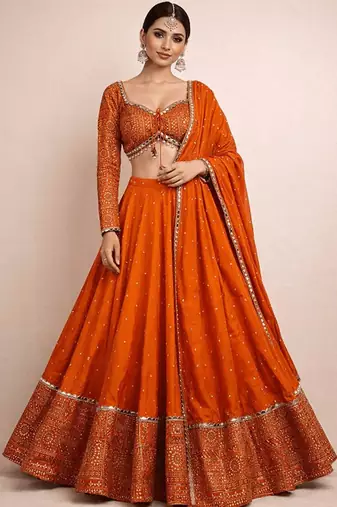 Embroidered Semi-Stitched Lehenga & Unstitched Blouse With Dupatta Free Size Upto 42