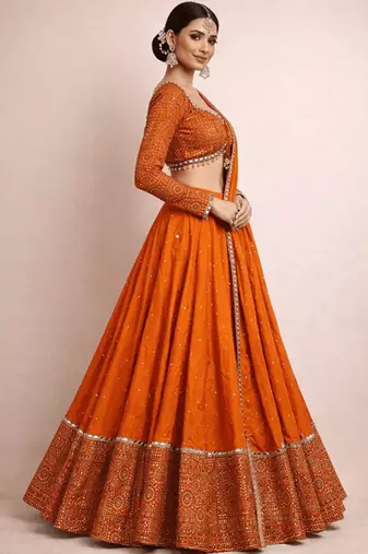 Embroidered Semi-Stitched Lehenga & Unstitched Blouse With Dupatta Free Size Upto 42