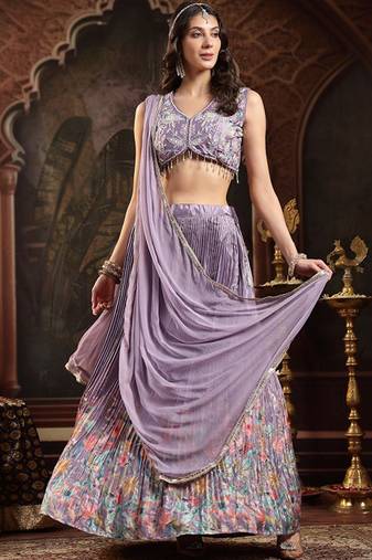 Purple Floral Printed Embroidered Silk Blend Lehenga Choli With Dupatta Free Size Upto 42