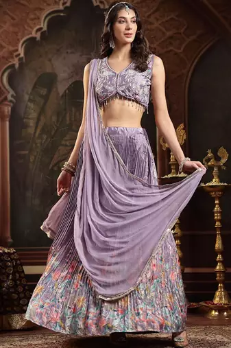 Purple Floral Printed Embroidered Silk Blend Lehenga Choli With Dupatta Free Size Upto 42