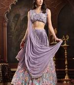 Purple Floral Printed Embroidered Silk Blend Lehenga Choli With Dupatta Free Size Upto 42