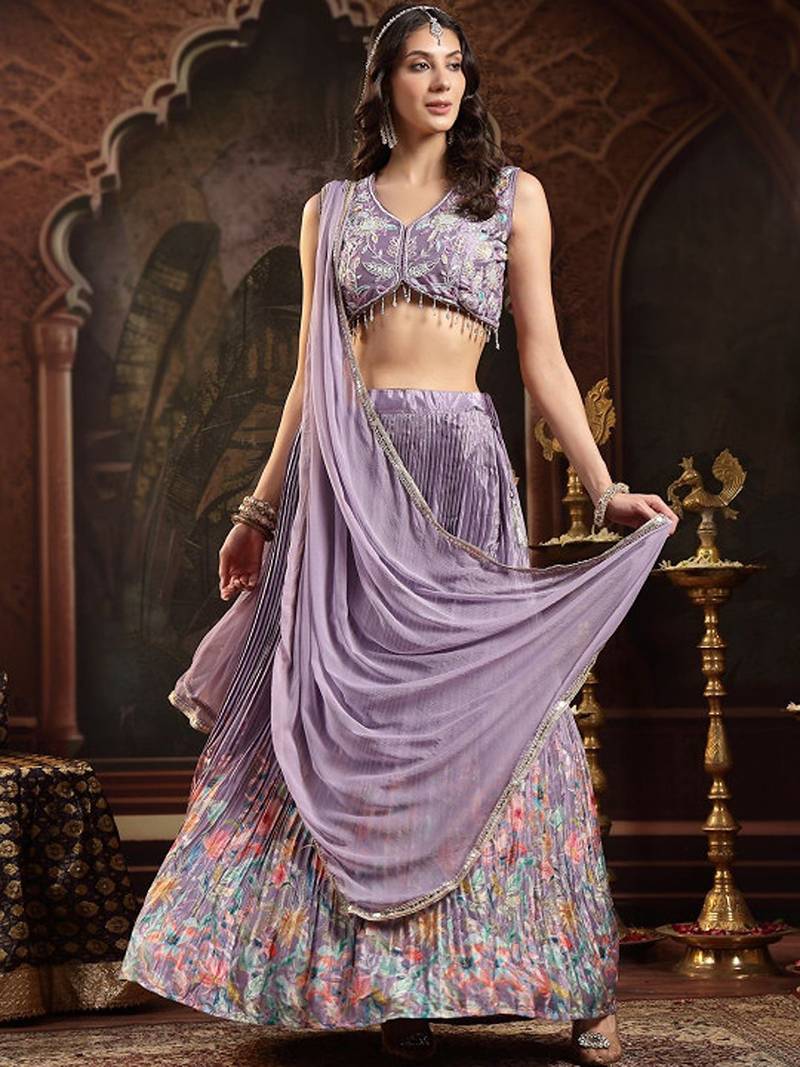 Purple Floral Printed Embroidered Silk Blend Lehenga Choli With Dupatta Free Size Upto 42