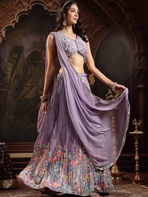 Purple Floral Printed Embroidered Silk Blend Lehenga Choli With Dupatta Free Size Upto 42 3