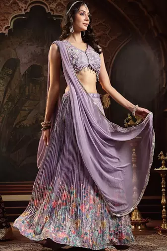 Purple Floral Printed Embroidered Silk Blend Lehenga Choli With Dupatta Free Size Upto 42