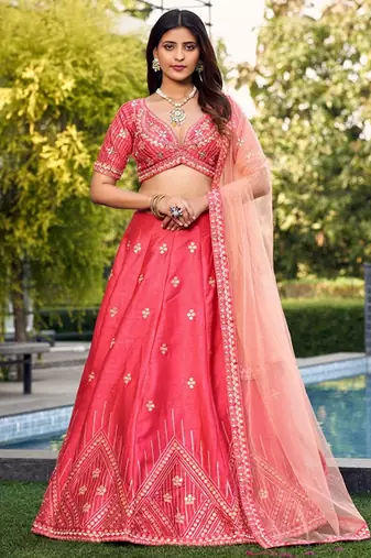 Embroidered Thread Work Ready To Wear Lehenga & Blouse With Dupatta Free Size Upto 42