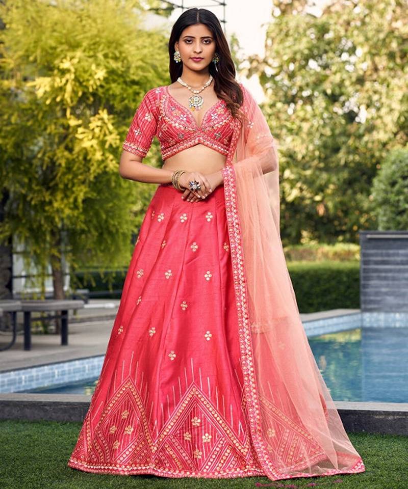 Embroidered Thread Work Ready To Wear Lehenga & Blouse With Dupatta Free Size Upto 42