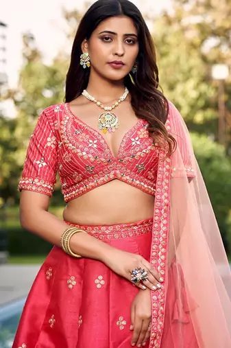 Embroidered Thread Work Ready To Wear Lehenga & Blouse With Dupatta Free Size Upto 42