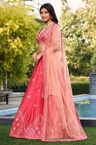 Embroidered Thread Work Ready To Wear Lehenga & Blouse With Dupatta Free Size Upto 42