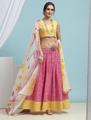 Printed Cotton Ready To Wear Lehenga & Blouse With Dupatta Free Size Upto 42 1