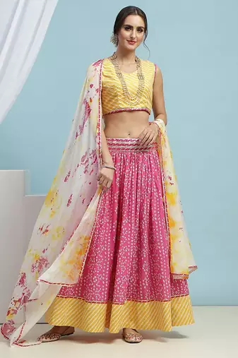 Printed Cotton Ready To Wear Lehenga & Blouse With Dupatta Free Size Upto 42
