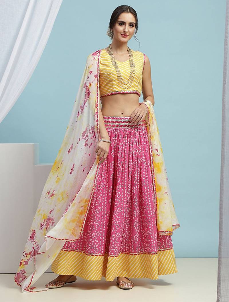 Printed Cotton Ready To Wear Lehenga & Blouse With Dupatta Free Size Upto 42