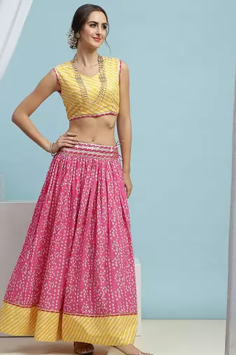 Printed Cotton Ready To Wear Lehenga & Blouse With Dupatta Free Size Upto 42