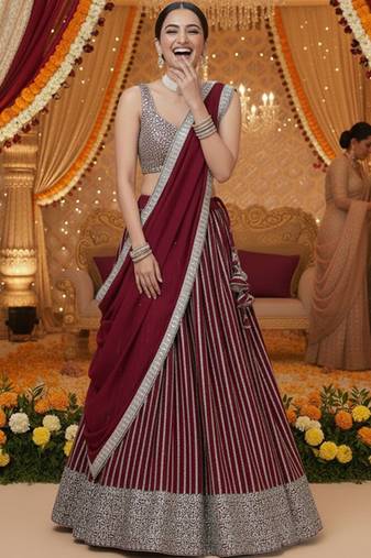 Embellished Sequinned Semi-Stitched Lehenga & Unstitched Blouse With Dupatta Free Size Upto 42