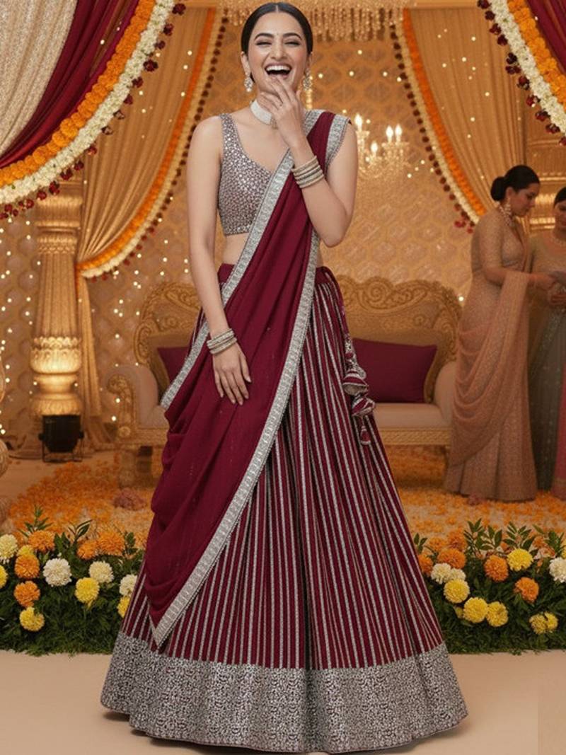 Embellished Sequinned Semi-Stitched Lehenga & Unstitched Blouse With Dupatta Free Size Upto 42