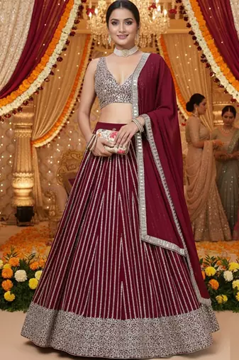 Embellished Sequinned Semi-Stitched Lehenga & Unstitched Blouse With Dupatta Free Size Upto 42