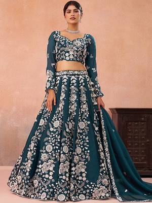 Embroidered Sequinned Semi-Stitched Lehenga & Unstitched Blouse With Dupatta Free Size Upto 42 1