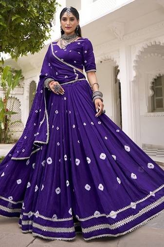 Women Purple Printed Cotton Lehenga & Blouse With Lace Detailing Dupatta Free Size Upto 42