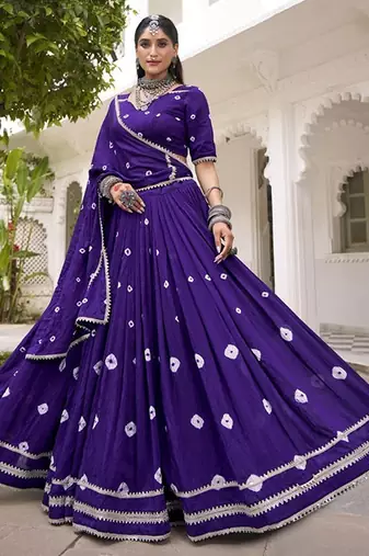 Women Purple Printed Cotton Lehenga & Blouse With Lace Detailing Dupatta Free Size Upto 42