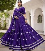 Women Purple Printed Cotton Lehenga & Blouse With Lace Detailing Dupatta Free Size Upto 42