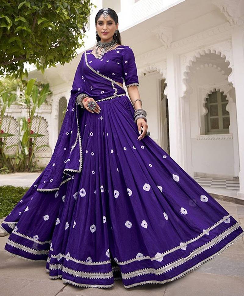 Women Purple Printed Cotton Lehenga & Blouse With Lace Detailing Dupatta Free Size Upto 42