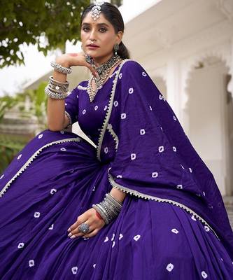 Women Purple Printed Cotton Lehenga & Blouse With Lace Detailing Dupatta Free Size Upto 42 2