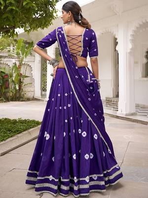 Women Purple Printed Cotton Lehenga & Blouse With Lace Detailing Dupatta Free Size Upto 42 3