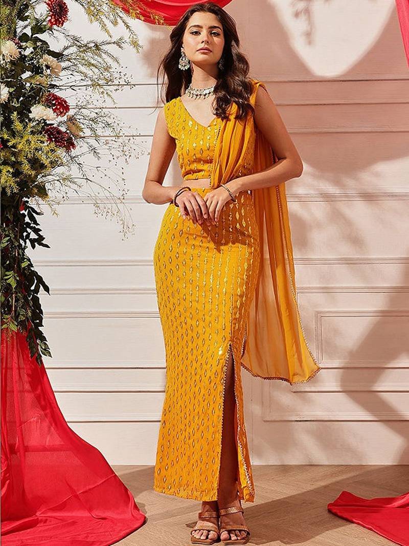 Embellished Sequinned Ready To Wear Lehenga & Blouse With Dupatta Free Size Upto 42