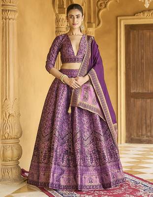 Woven Design Art Silk Lehenga & Unstitched Blouse With Dupatta Free Size Upto 42 1
