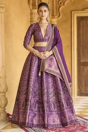 Woven Design Art Silk Lehenga & Unstitched Blouse With Dupatta Free Size Upto 42