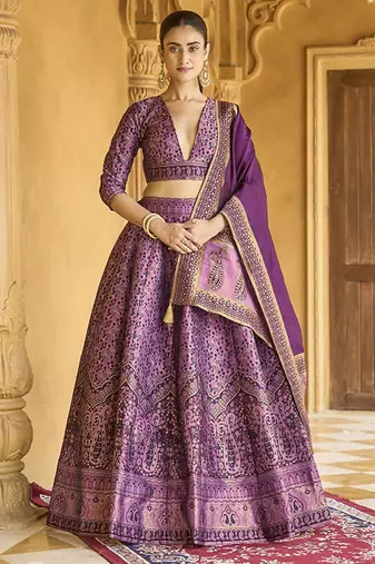 Woven Design Art Silk Lehenga & Unstitched Blouse With Dupatta Free Size Upto 42