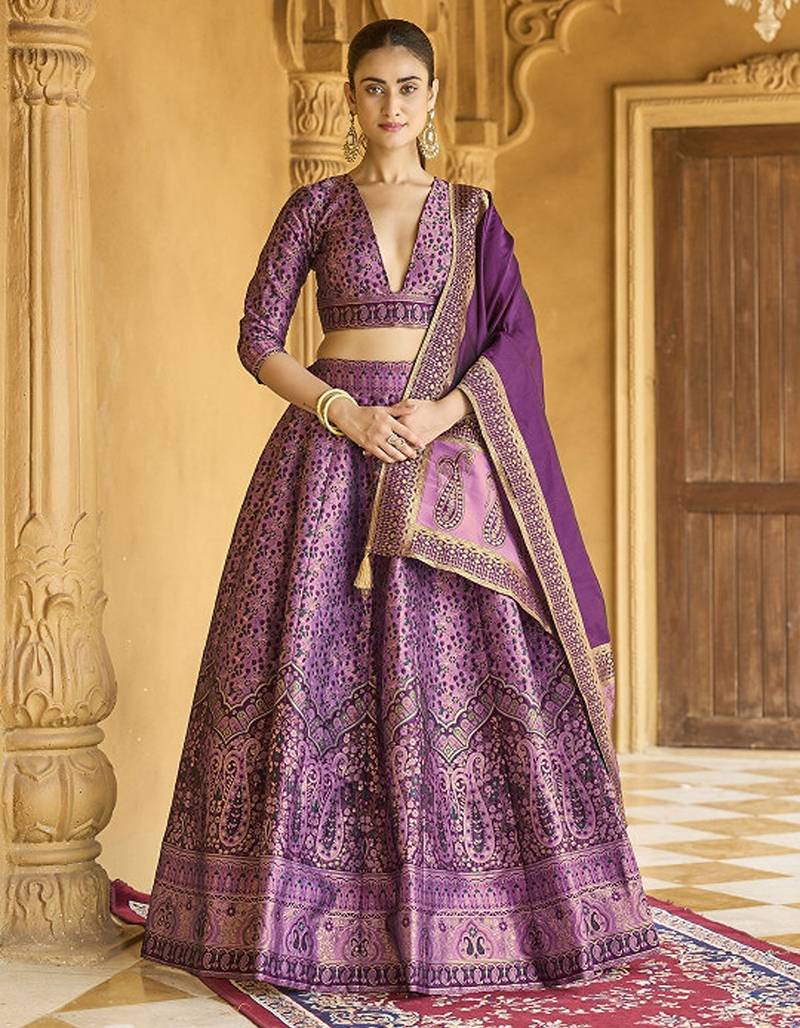 Woven Design Art Silk Lehenga & Unstitched Blouse With Dupatta Free Size Upto 42