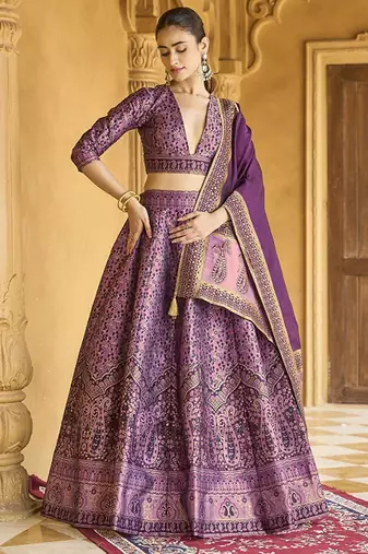Woven Design Art Silk Lehenga & Unstitched Blouse With Dupatta Free Size Upto 42