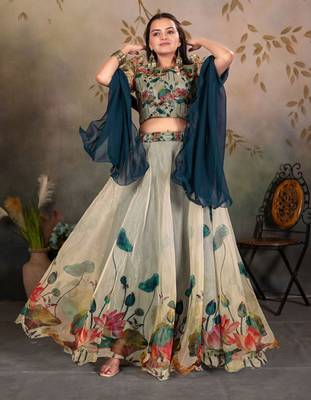 Printed Semi-Stitched Lehenga With Choli & Dupatta Free Size Upto 42 1