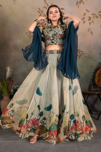 Printed Semi-Stitched Lehenga With Choli & Dupatta Free Size Upto 42